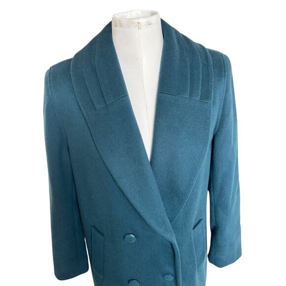Vintage 80s Alorna Wool Blend Trench Coat Double Breasted Peacock Blue sz M - Picture 10 of 12
